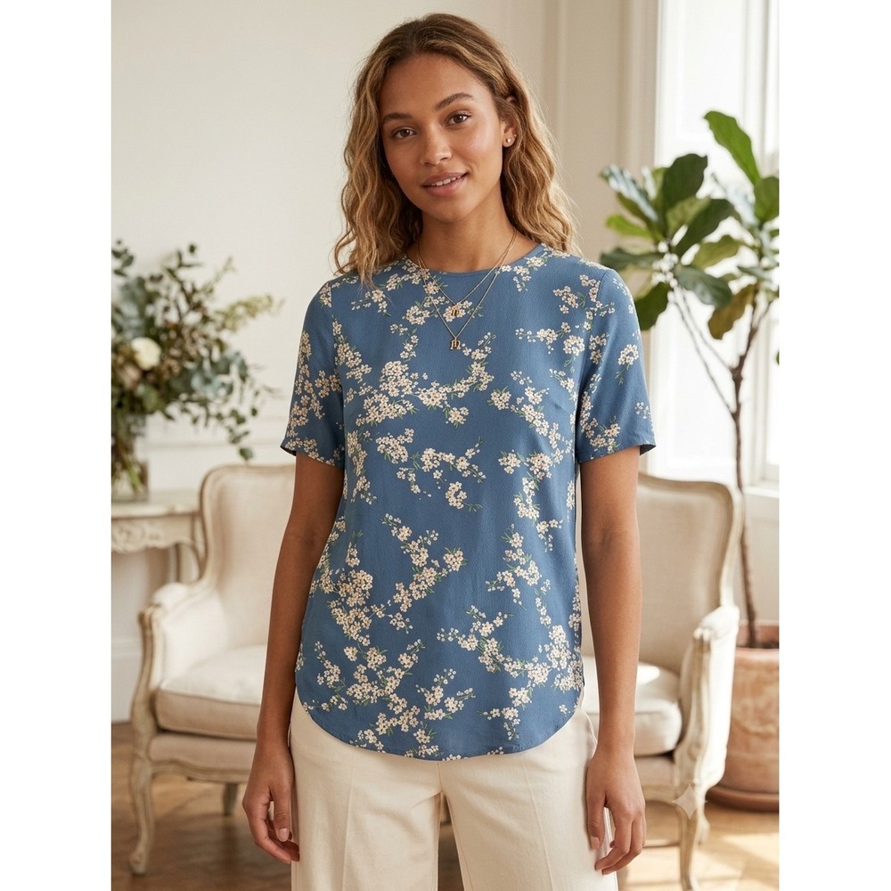 GP‎ & J Baker x HM Floral Blouse Blue Short Sleeve Viscose Size 4 Cottagecore